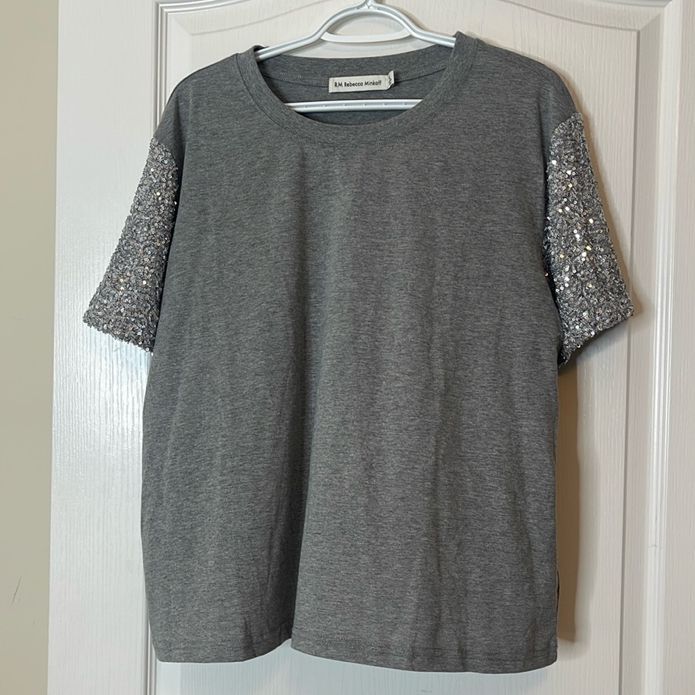 Rebecca Minkoff Sequined Short Sleeve Tee Gray / Silver Metallic XL